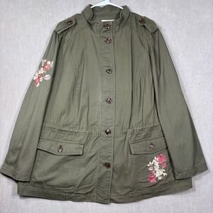 Westport 1962 Olive Green Embroidered Floral Utility Jacket Plus 2X Cotton